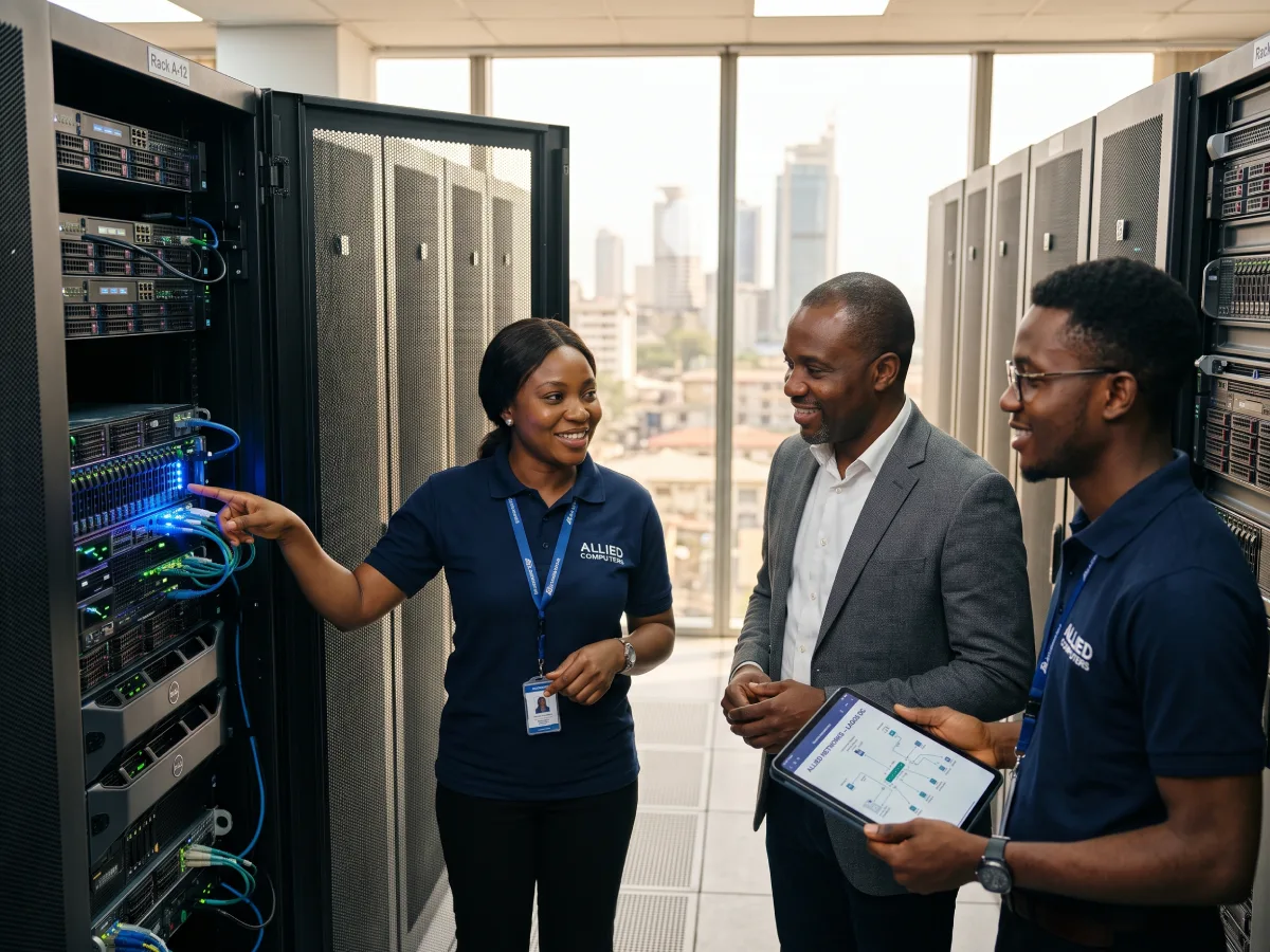 Allied Computers engineers working on enterprise network equipment